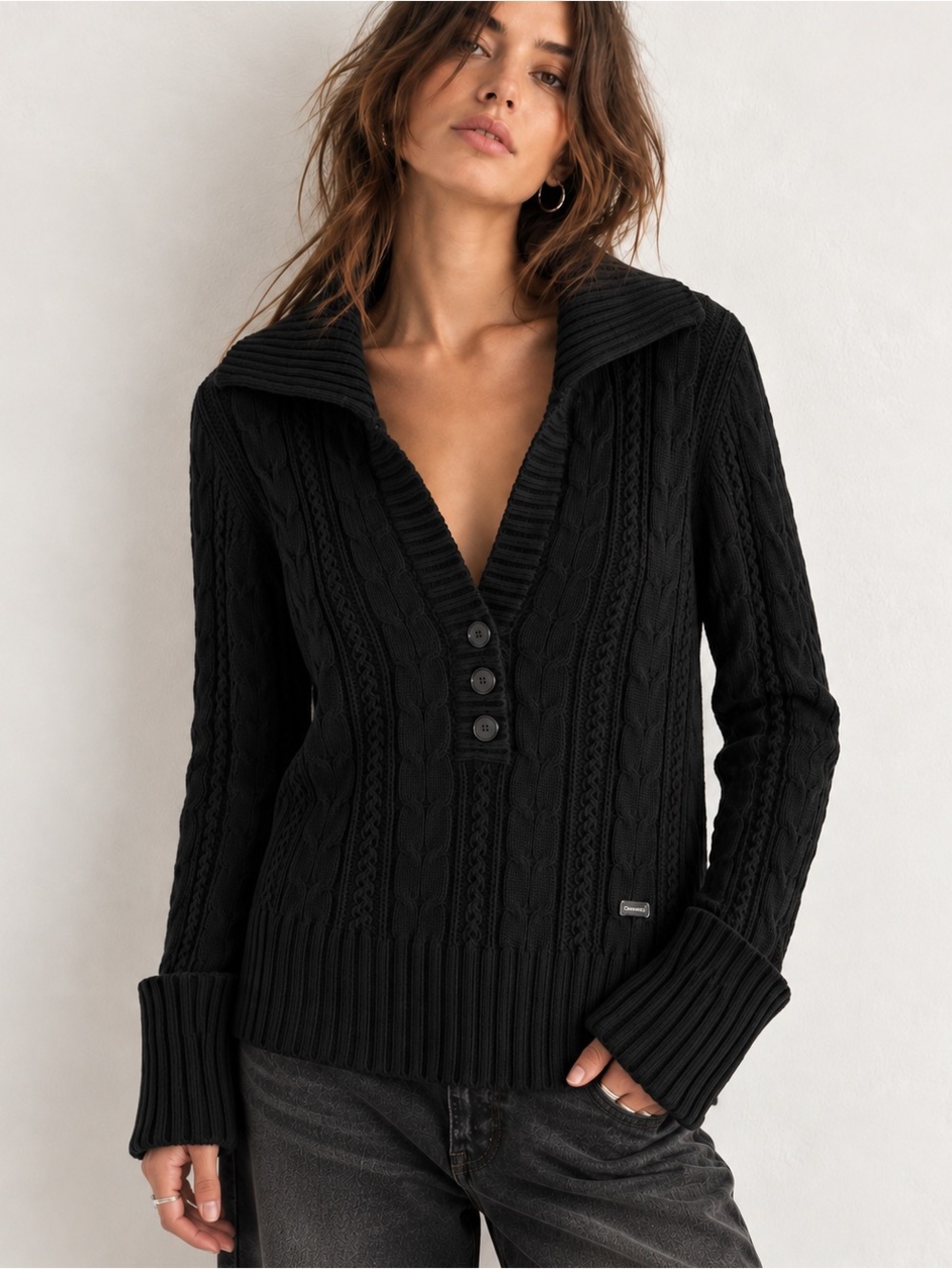 DKNY Jeans Black Cable Knit Sweater S Split Collar Fitted Y2K Long Cuff Preppy